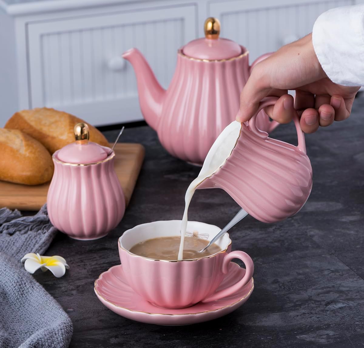 Jusalpha Porcelain Tea Set- Pink Teapot and Creamer Sugar Bowl Set, TW (Pink)