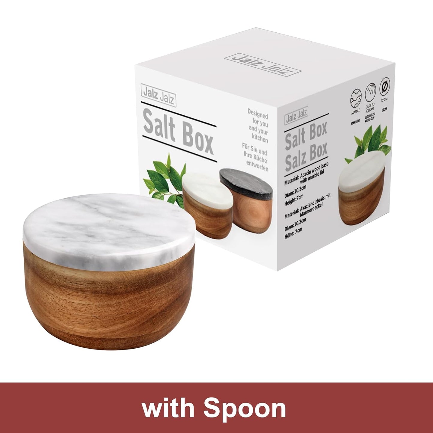 Large Wood Salt Box Salt cellar with Spoon Spice Salt Container salt holder Solid Natural Acacia Base White Grey Marble Lid Decorative Box Bowl Big Capacity Salt Cellar Spice Cellar