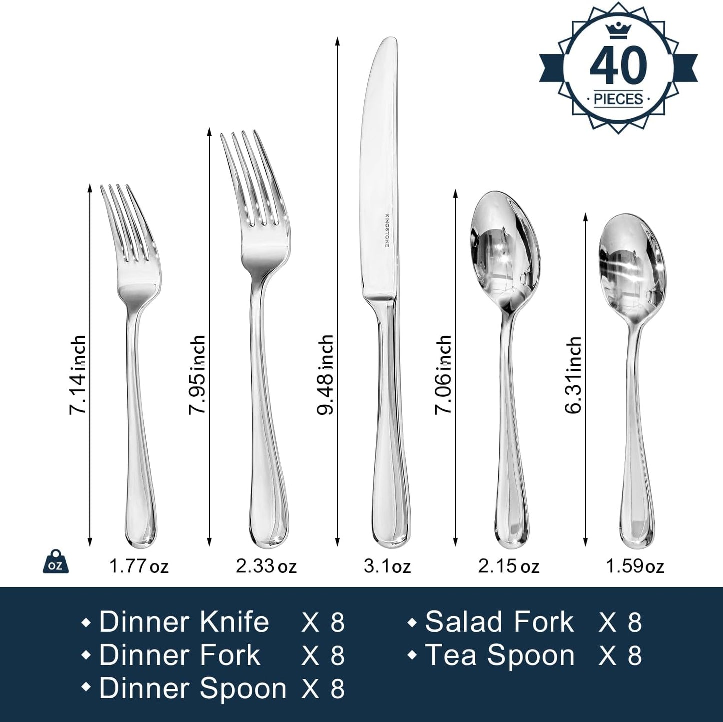 KINGSTONE 40 Pieces Silverware Set for 8, Premium Stainless Steel Flatware Set, Heavy Duty and Modern Design Cutlery Set, Mirror Polished, Dishwasher Safe