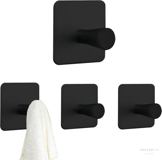 Adhesive Hooks for Hanging - 4 Pack, Heavy-Duty Hooks for Walls No Damage (15lbs) Self-Adhesive Hook for Towles, Robes, Loofhas, Strong Sticky Hook for Closet, Door, Wardrobe. (Black 3)