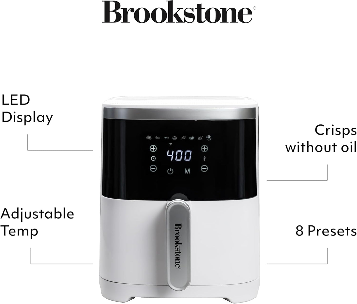 Brookstone Air Fryer – 4.5 Qt, 1300W Large Capacity Fryer with LED Display, 8 Presets, Adjustable Temp, Oil-Free Kitchen Appliance for Baking, Roasting, Frying, Healthy Crispy Meals, White