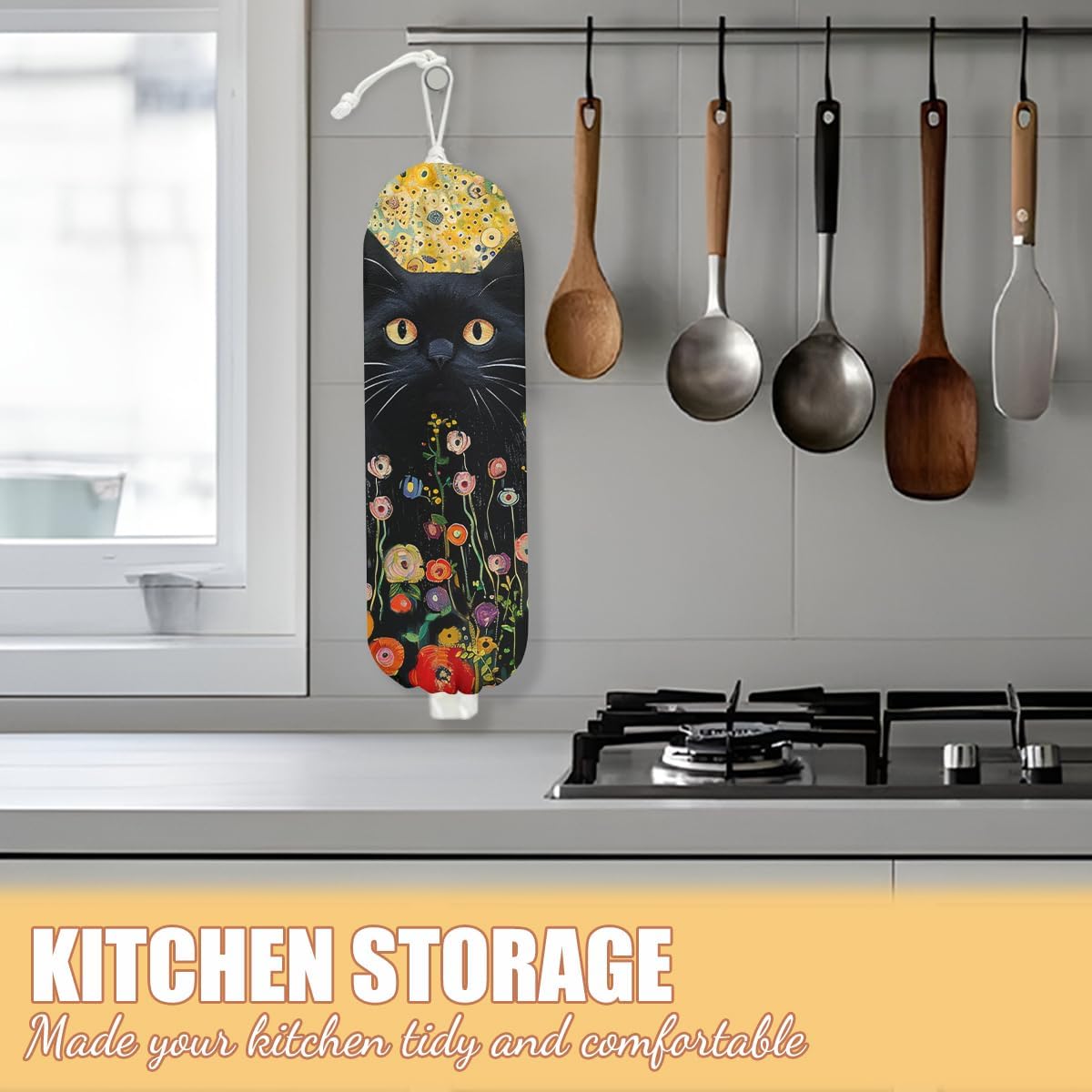 Flower Cat Plastic Bag Holder, Wall Mount Grocery Bag Holder, Plastic Storage bag, Pull Rope Free Adjustment, Plastic Bag Holders for Grocery Bags, Plastic Bag Dispenser for Home Kitchen Cabinet