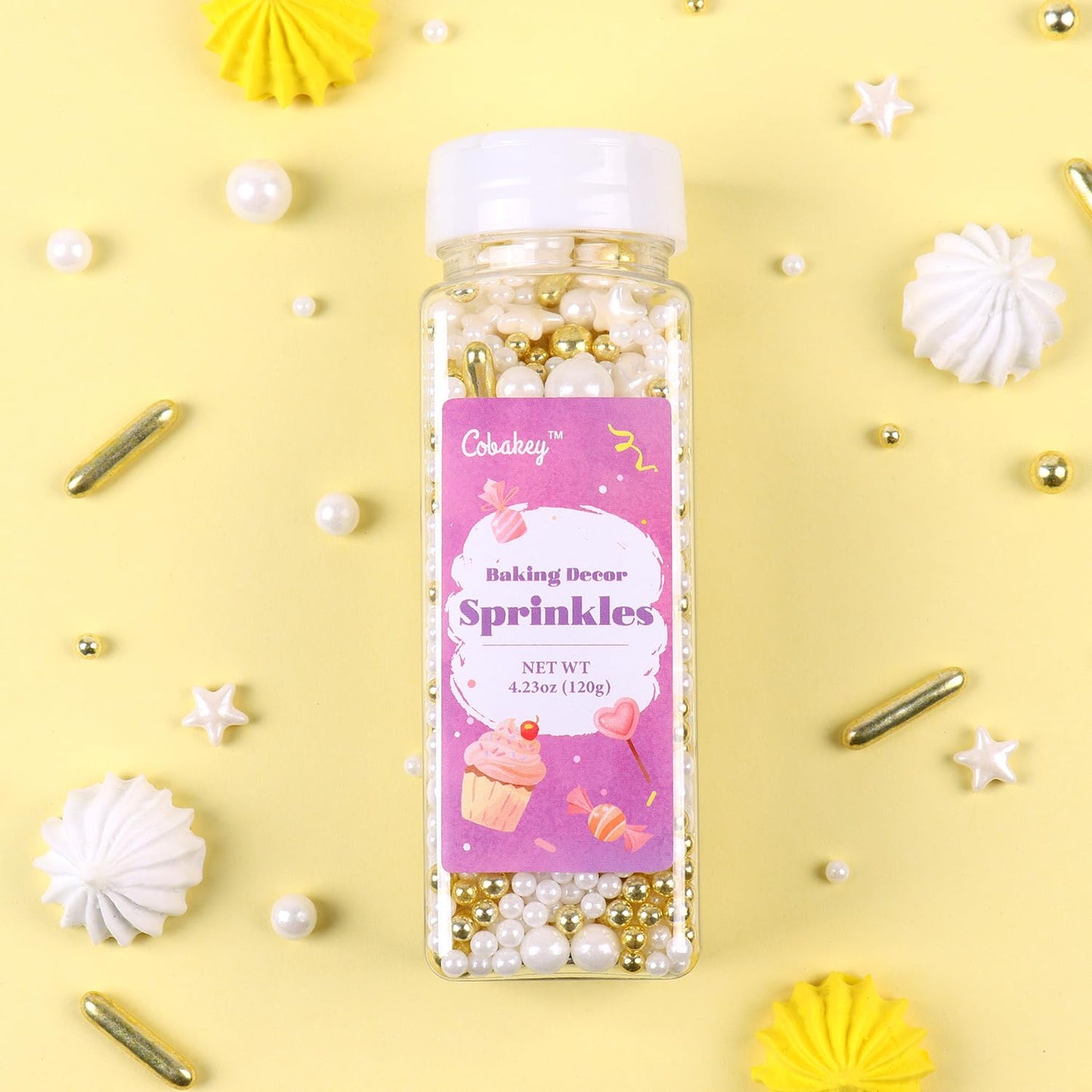 White Deluxe Gold Sprinkles for Cake Decorating 4.23ounce - Sugar Mix Contains Star & Pearl Sprinkles for Cupcake Toppers, Ice Cream, Candy, Cookie Decorations - Holiday Party Supplies