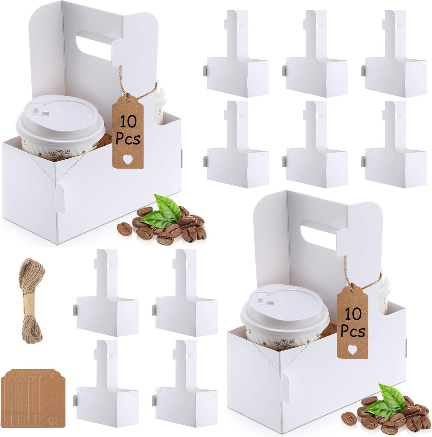 10 Pack 2 Cup Disposable Drink Carrier with Handle Paperboard Coffee Cup Holder Portable for Hot Cold Drinks Food Delivery Services with Heart Card for Teacher Appreciation Week Mother's Day