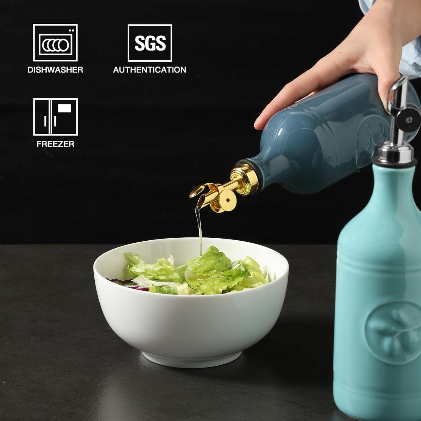 Sweejar 16 Oz Ceramic Olive Oil Dispenser Bottle, Oil Dispenser for Kitchen with Gravity Spout, Relief Opaque Oil Container for Evoo, Avocado Oil, Vinegar, Soy Sauce, 1 Pack(Fog Blue, Gold Spout)