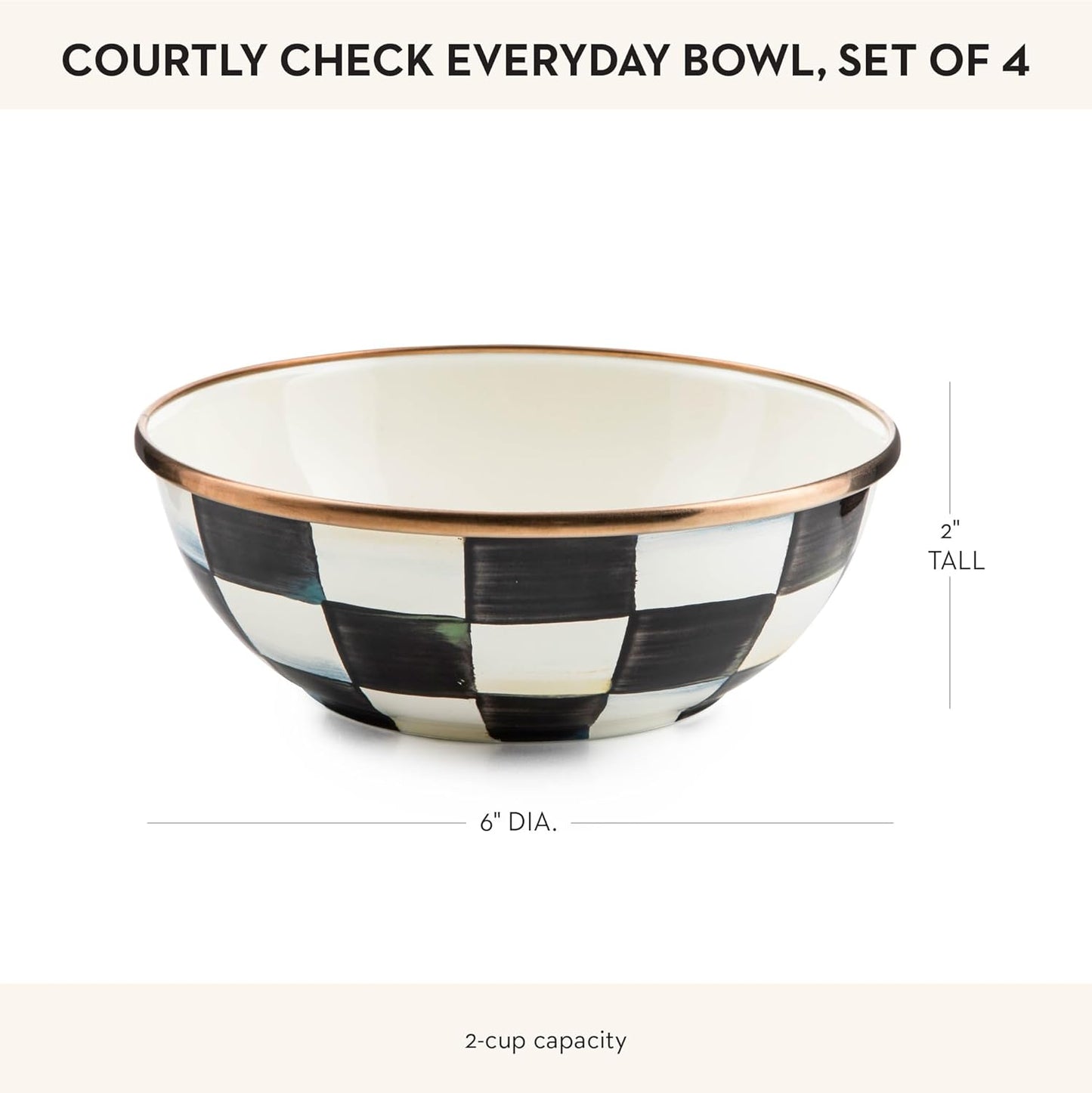 MACKENZIE-CHILDS Enamel Everyday Bowl, Serving Bowl for Entertaining, Extra-Small, Black-and-White Courtly Check, Set of 4
