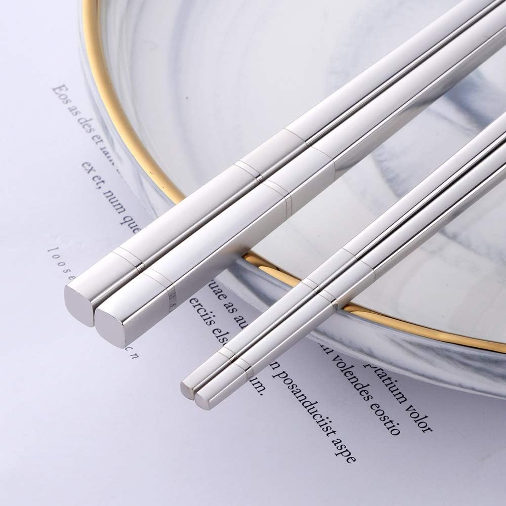 Buyer Star 5-pair Stainless Steel Chopsticks - Silver Metal Reusable Chinese Square Chopsticks