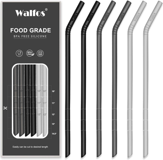 Walfos Reusable Silicone Straws -10.5 Inch Flexible Drinking Bendy straws for Smoothies/20 & 30 oz Tumblers, BPA Free (6 pcs Wide + 1 Cleaning Brushes ）