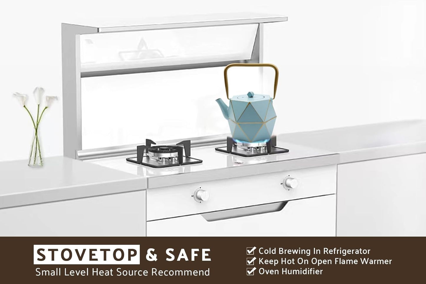 Toptier Cast Iron Teapot, Stovetop Safe Japanese Cast Iron Tea Kettle, Diamond Design Tea Pot with Removable Infuser for Loose Tea, 30 Ounce (900 ml), Blue