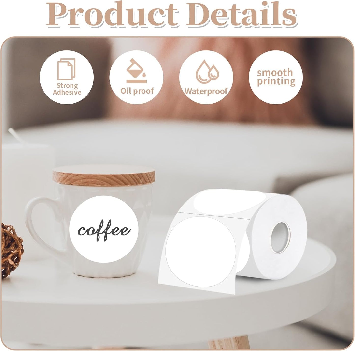 Thermal Label,3 Inch White Round Thermal Printer Sticker,Self-Adhesive Round Direct Thermal Labels,Thermal Stickers for DIY Logo Design,Name Tag (300 Labels/1 Roll)