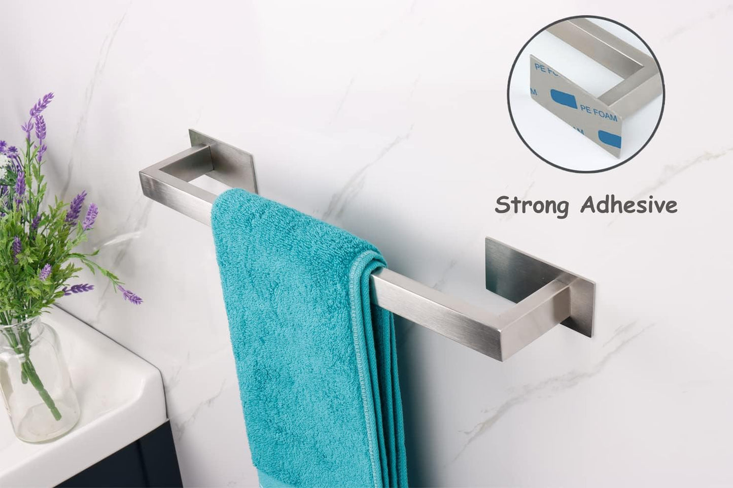 Bathroom Towel Bar Self Adhesive, No Drilling Towel Rack Easy to Install, Hand Towel Holder Made of Premium Stainless Steel Sticky on Hand Towel Hanger for Kitchen, Toilet.(17.7IN, Brushed)