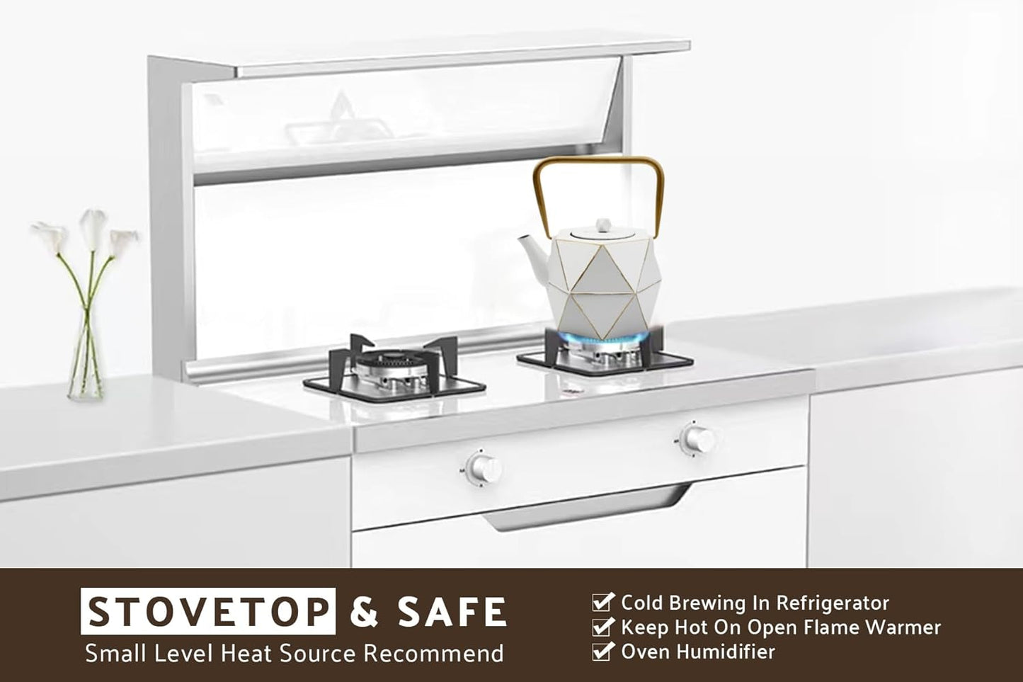 Toptier Cast Iron Teapot, Stovetop Safe Japanese Cast Iron Tea Kettle, Diamond Design Tea Pot with Removable Infuser for Loose Tea, 30 Ounce (900 ml), White