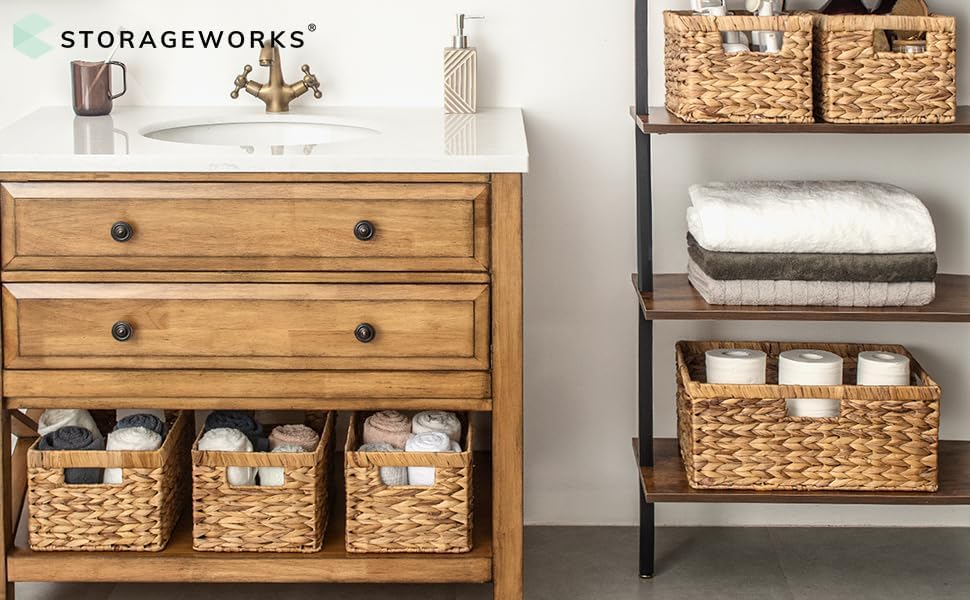 StorageWorks Extra Large Wicker Baskets for Organizing, Water Hyacinth Storage Basket with Built-in Handles, 1 Pack