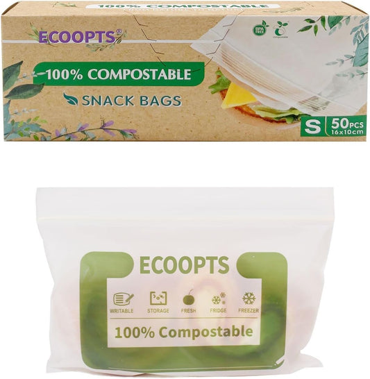 100% Compostable Snack Zip Bag | ECO-Friendly Small Storage Bags | Freezer Bag | Plant-Based BPA-free | Seal well for Cookie, Chips and Snack (1, Small)