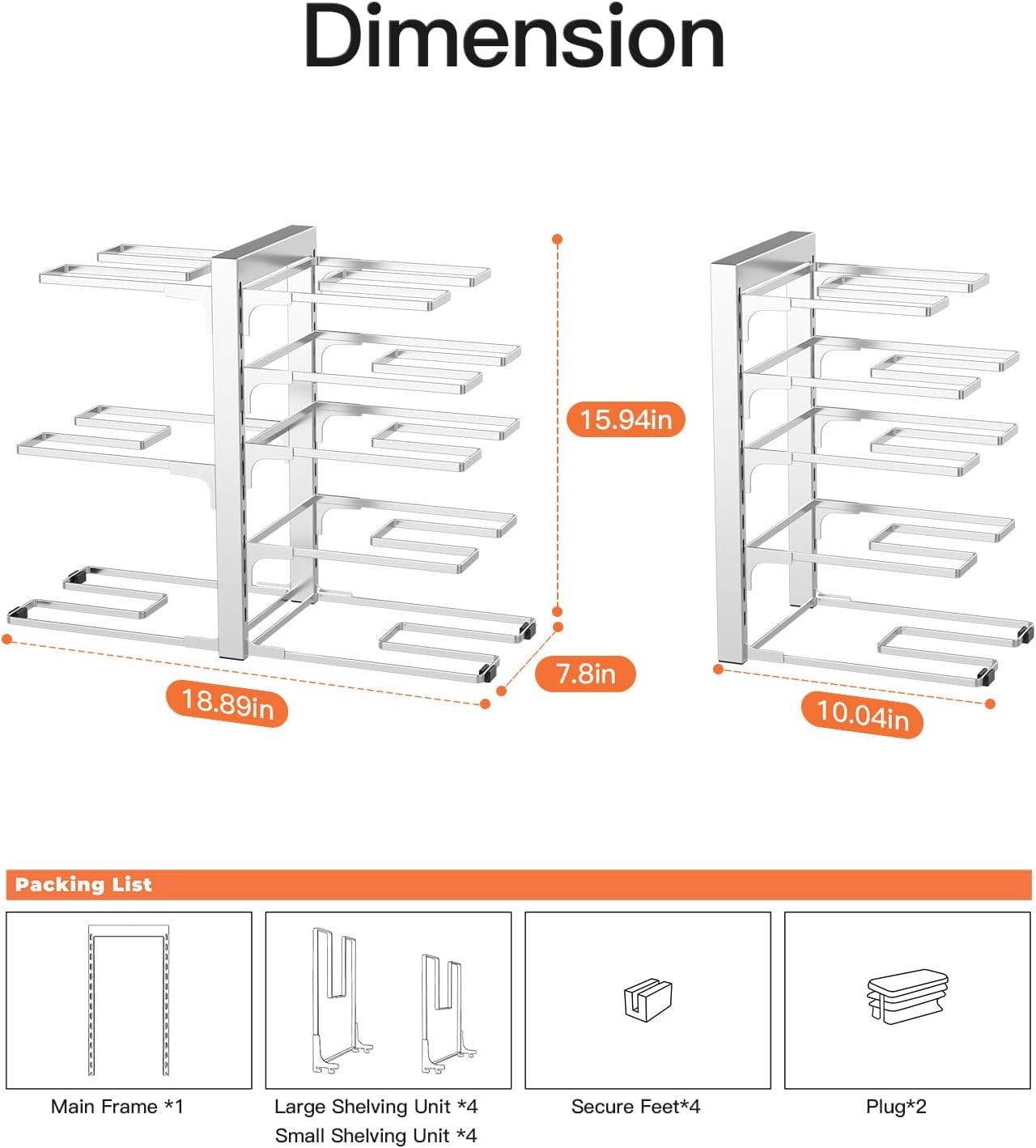 ORDORA 8-Tier Pots and Pans Organizer under Cabinet, Kitchen Cabinet Organizers and Storage, Heavy Duty 120LBS Pots and Pan Storage Rack Organizer inside Cabinet, Adjustable, Silver