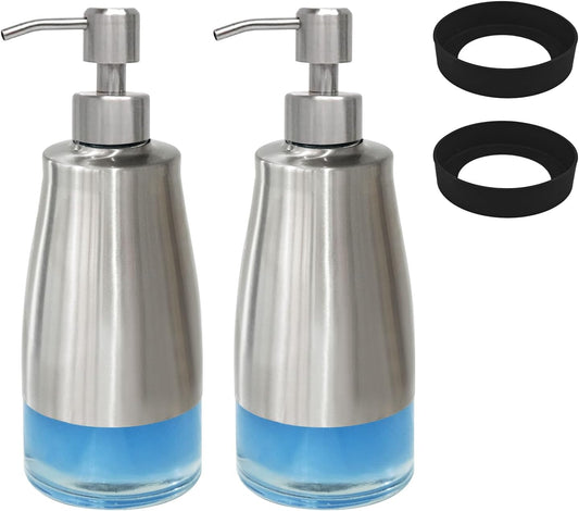 Soap Dispenser With Non-Slip Silicone Pad - 2 Pack, Stainless Steel Case Glass Liner Hand Pump for Kitchen and Bathroom