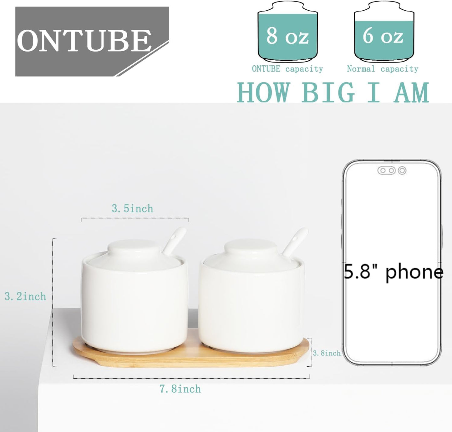 ONTUBE Ceramic Sugar Bowl with Lid and Spoon Set of 2,Porcelain Seasoning Box Salt Bowl with Tray,8oz (White)