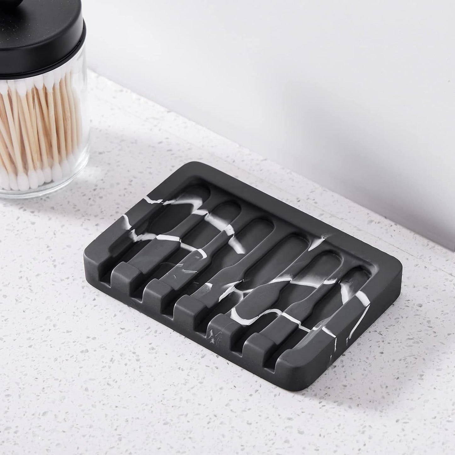 Self Draining Soap Dish - Marble Look Soap Holder Tray Savers Box Container Sponge Holder for Bathroom Shower Kitchen, Black
