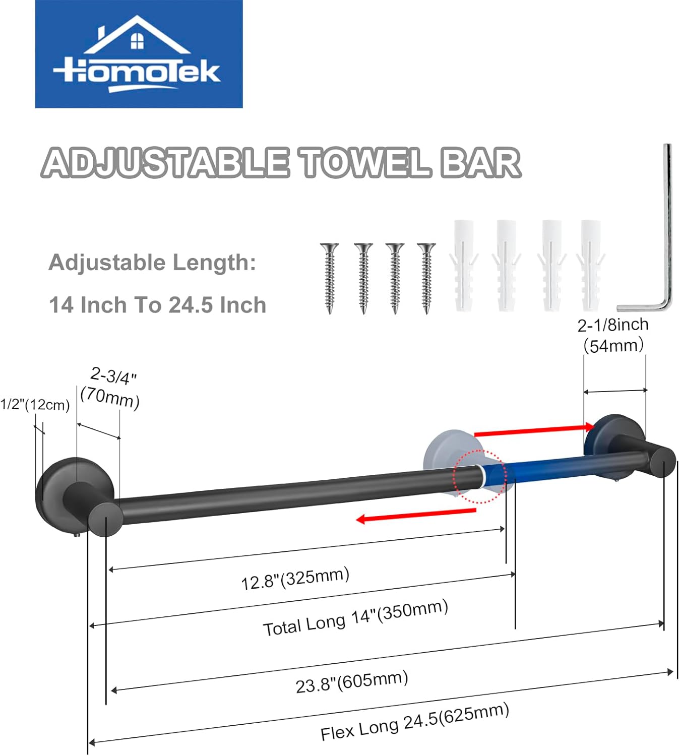 Towel Bar Adjustable Bathroom Towel Holder, HOMOTEK Size from 14 Inch to 24.5 Inch Single Towel Racks, Towel Hanger Hook for Bathroom, Kitchen(Thickened 1 Pack Matte Black)