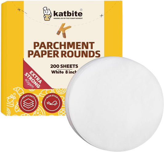 Katbite Heavy Duty Parchment Rounds 8 Inch 200 Pcs, Parchment Paper Rounds Available, Uses for Cake Baking, Air Fryer Liners