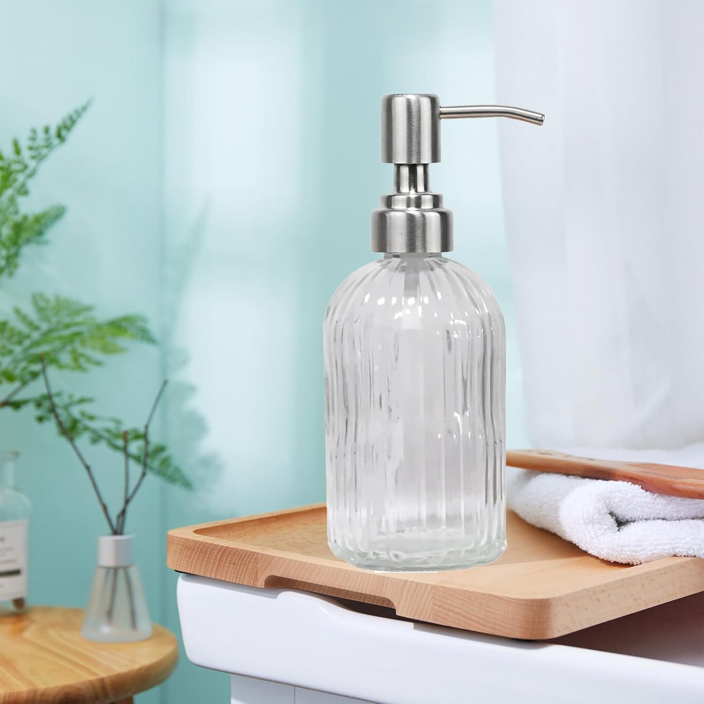 14Oz Clear Soap Dispenser Bathroom, Glass Hand Soap Dispensers with Stainless Steel Pump, Refillable Dish Soap Dispenser for Kitchen, Countertop Soap Dispensers