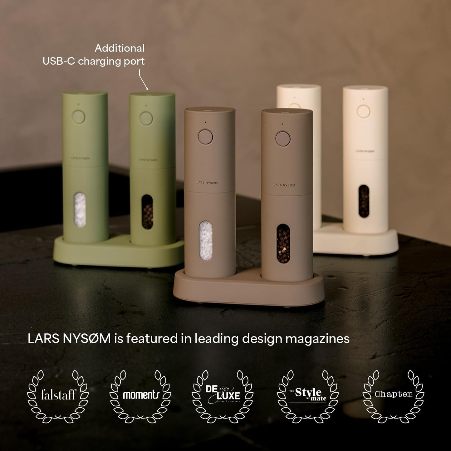 LARS NYSØM Electric Salt and Pepper Grinder Set, USB Rechargeable, Automatic Salt and Pepper Mills, Spice Shakers Refillable with LED Light, Adjustable Coarseness, Ceramic Grinder (Stone Blue)