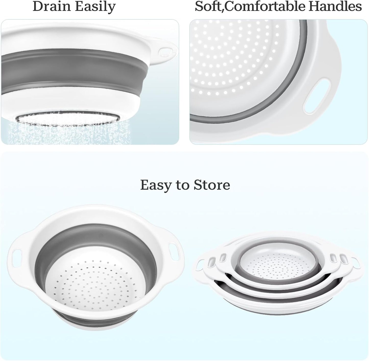Collapsible Colander 3-Pack Set Space-Saving Foldable Kitchen Strainer with Non-Slip Base Durable Thickened PP+TPE Collapsible Strainers for Pasta, Vegetables, Fruits (Gray-White)