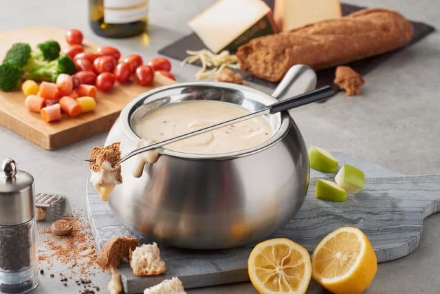 The Official Melting Pot 8-piece Fondue Set -2 Qt. Stainless Steel Pot with liner and 6 Fondue Forks for Cheese, Chocolate & Broth.