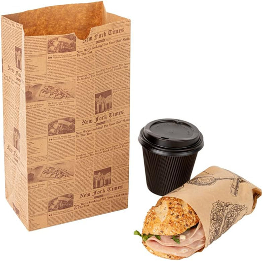 Restaurantware Bag Tek 6 Lb Disposable Lunch Bags 100 Sturdy Take Out Bags - Flat Bottom Microwavable Kraft Newsprint Design Paper Bags Freezable Great For Restaurants Cafes And Bakeries