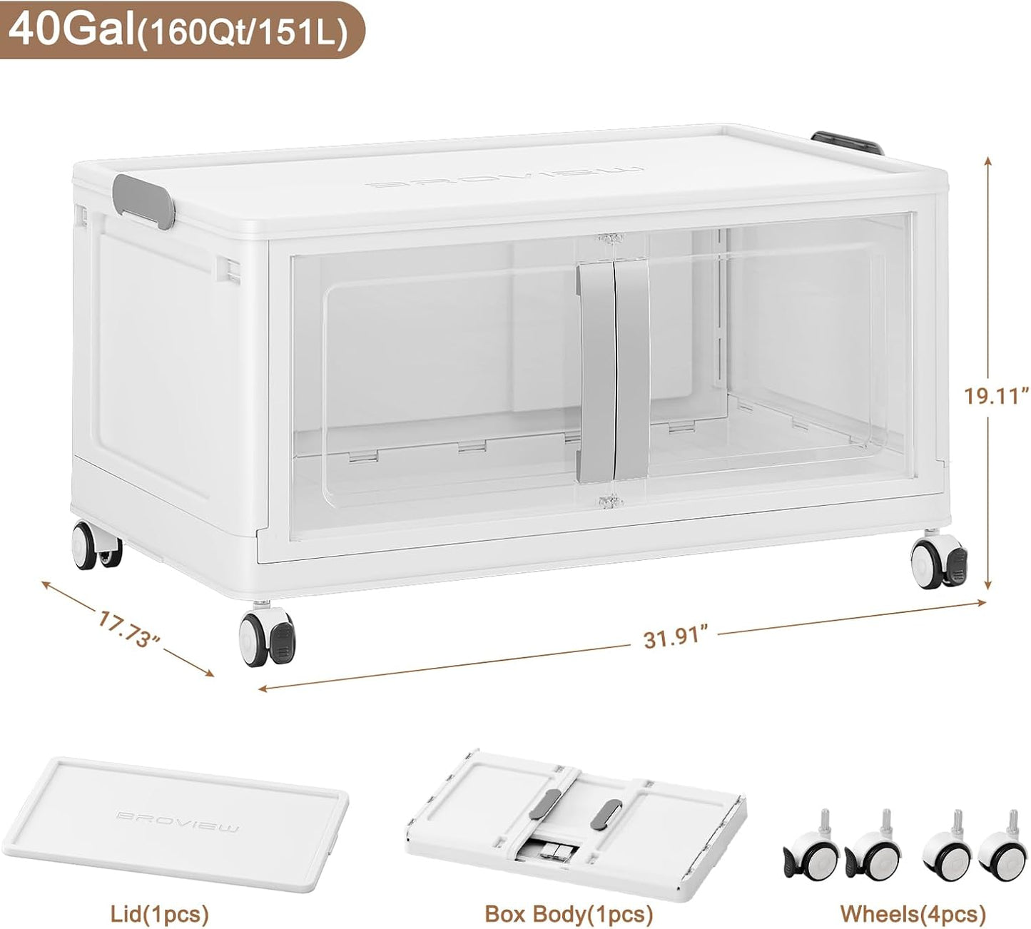 160QT Stackable Storage Bins with Lids, 40Gal Extra Large Collapsible Storage Box with Wheel, Plastic Storages with Clear Door Open Front for Home Bedroom Garage, White-1pack(1 lid)