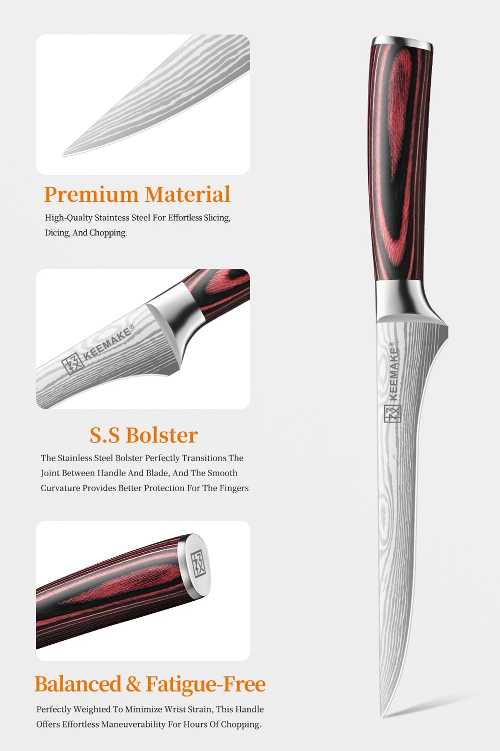 KEEMAKE Boning Knife 6 Inch - Super Sharp High Carbon Stainless Steel Fillet Knife for Meat, Fish & Poultry with Ergonomic Handle, w/Sheath - Ideal Gift for Chefs