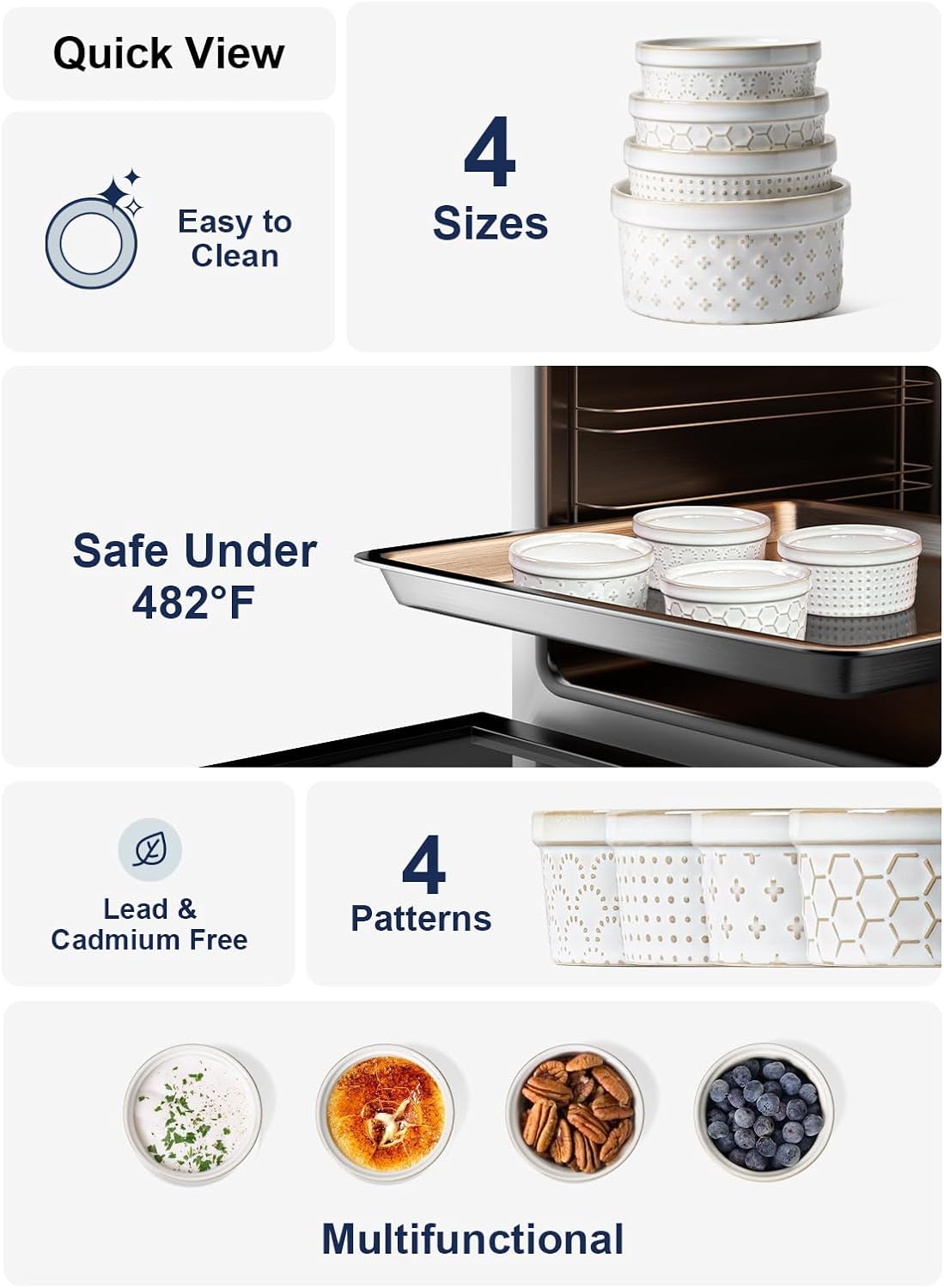 LE TAUCI Ramekins 4 oz Oven Safe for Creme Brulee, Charcuterie Boards Bowls for Souffle, Small Sauce Bowl, Ceramic Baking Dishes - 3.8 inch, Set of 4, Arctic White