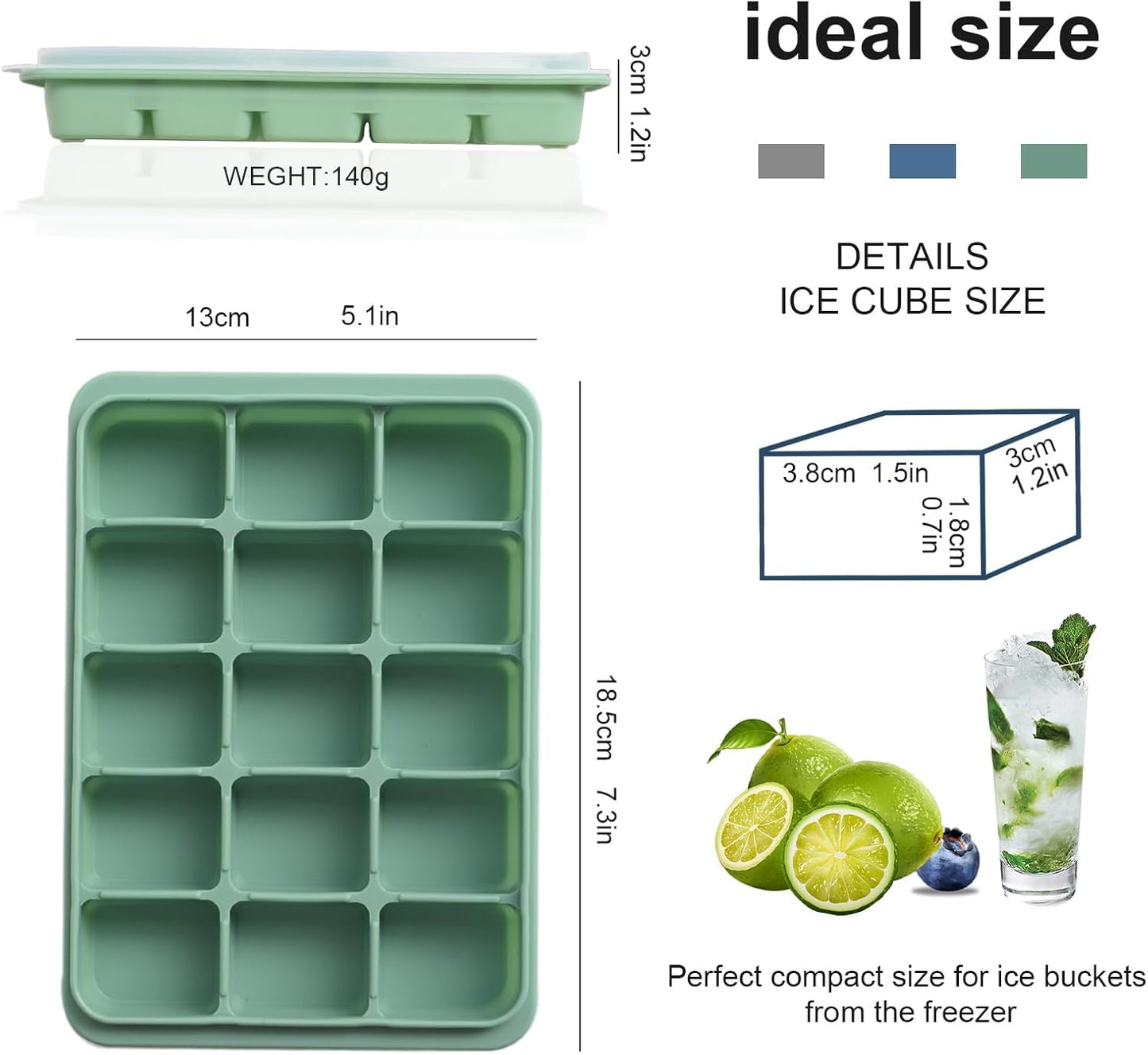 Ice Cube Trays Set of 3, Easy Release 15 Flexible Silicone Ice Cube Molds with Removable Lid Reusable Freezer Ice Trays Stackable for Whiskey, Baby Food, Green+Blue+Grey