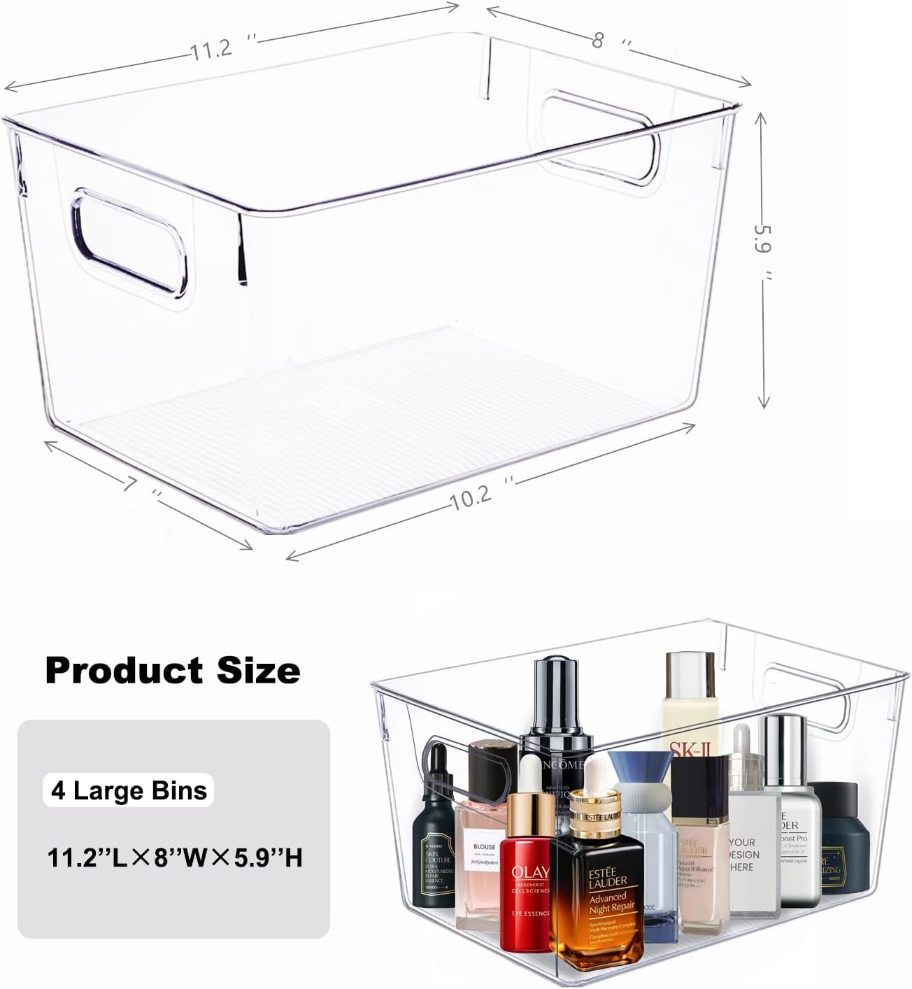 Set of 8 pack Clear Plastic Storage Bins, Pantry Organization and Storage, Clear Organizing Bins for Kitchen Organization, Freeze Storage, Home Edit and Cabinet Organizers (8Large)