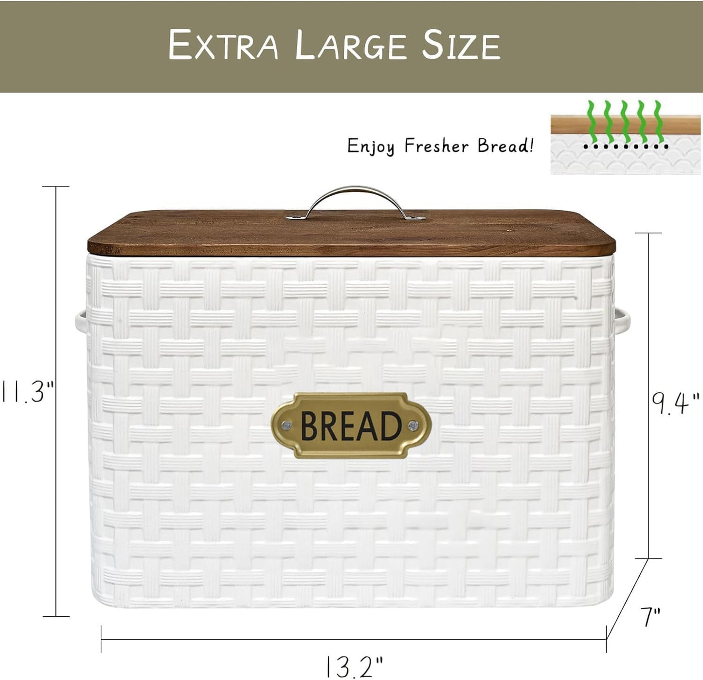 Extra Large Space Saving Farmhouse Bread Box With Wood Lid - Vertical Breadbox Bread Storage Bin Holder for Kitchen Countertop, White