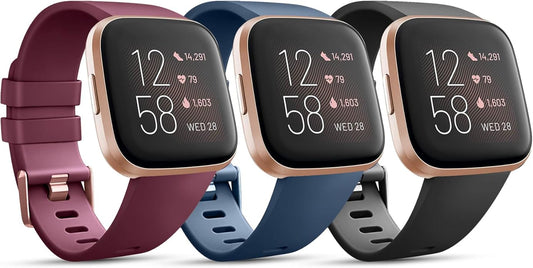 3 Pack Sport Bands Compatible with Fitbit Versa Bands, Classic Soft Sport Replacement Wristbands for Fitbit Versa 2 Smart Watch Women Men