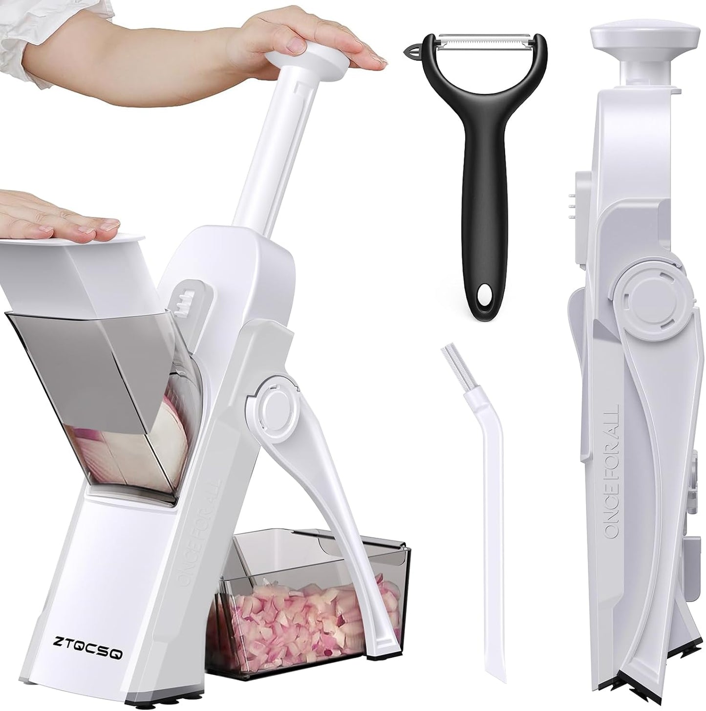 Safe Mandoline Slicer for Kitchen, Meal Prep, Potato Slicer, Adjustable/Easy to Clean/Storage, Kitchen Chopping Artifact, French Fry Cutter, Paring Knife/Cleaning Brush (only Slice, White)