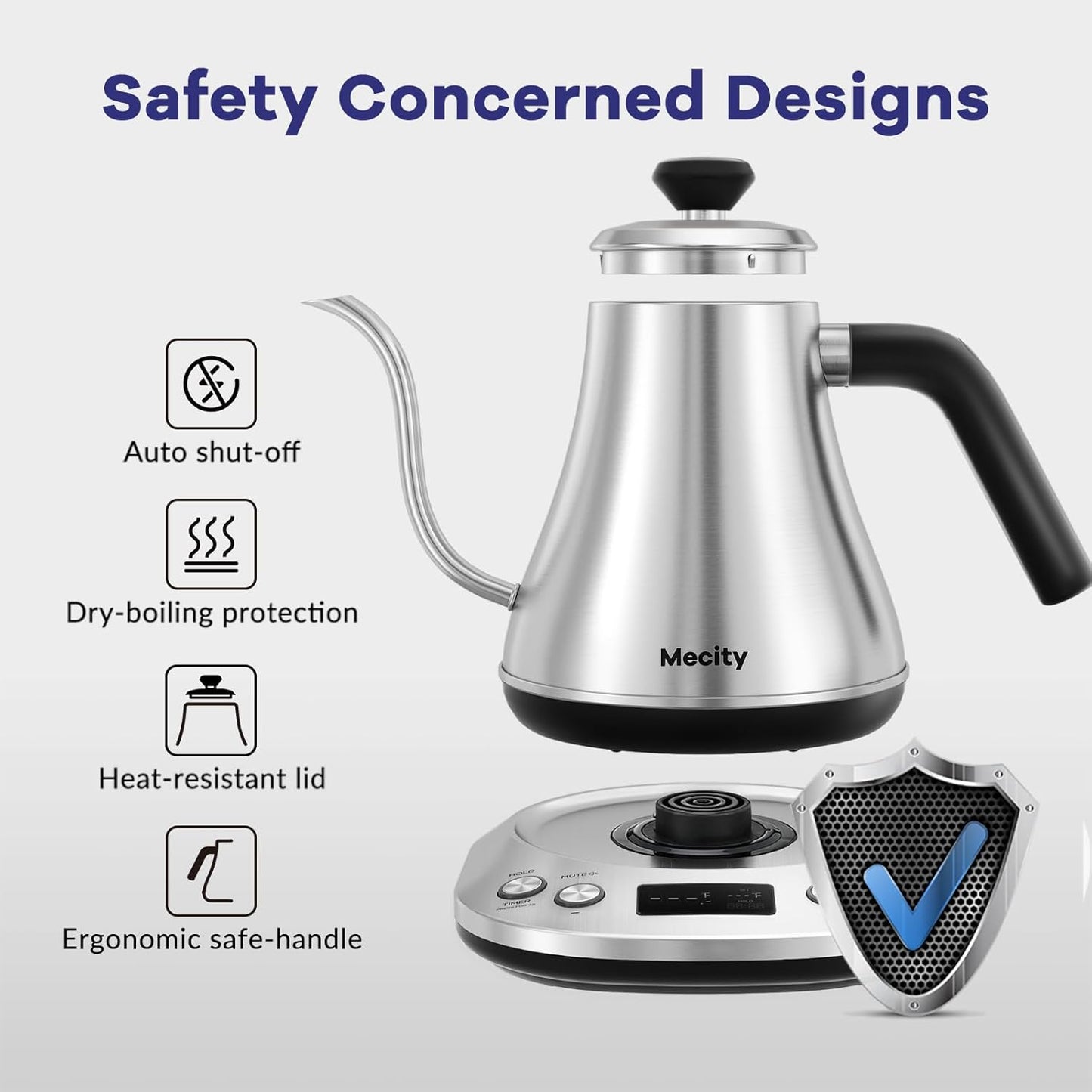 Mecity Electric Gooseneck Kettle With LCD Display Automatic Shut Off Retro Coffee Kettle Temperature Control Hot Water Boiler to Pour Over Tea, 1200 Watt Quick Heating Tea Pot, 0.8L, Stainless Steel