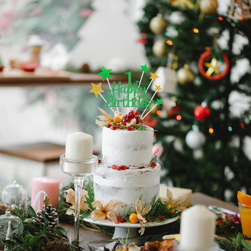 Glittery 1st Happy Birthday Cake Topper with Star,Personalised 1 Birthday Cake Toppers Party Decorations Party Supplies for Baby Boys Girls Green Gold