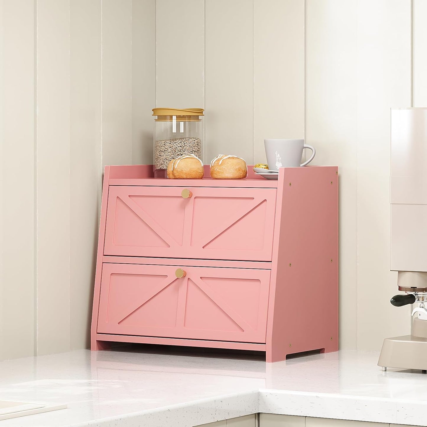 Vintage Double Layer Bread Box for Kitchen Counter Bamboo Bread Storage Container Large Capacity Bread Storage Bin (Pink)