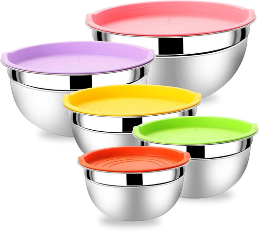 Lazycorner Mixing Bowls with Airtight Lids Set 5 Pcs Stainless Steel Bowls Set Baking Set Non-Slip Silicone Bottoms Great for Serving & Baking