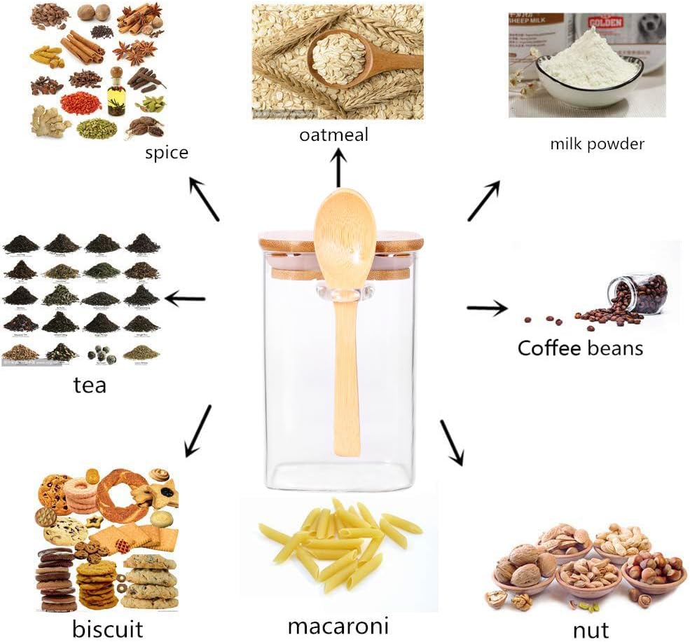 Glass Jar with Bamboo Lid and Spoon,Set of 6 Square 17 OZ Tea Containers for Loose Leaf Tea, Salt and Sugar Containers for Countertop, Yogurt Jars for Overnight Oatmeal