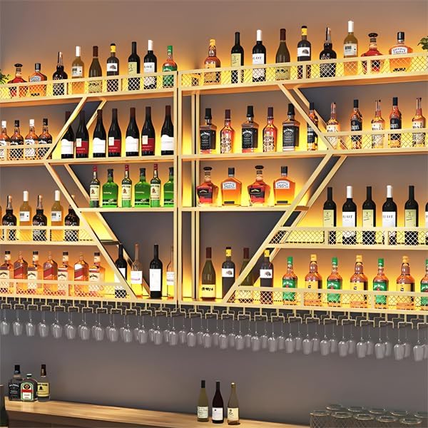79inch Metal Wine Rack Wall Mounted, Modern Wine Storage Rack Wall Mounted with Wine Glass Holder, Liquor Shelf, Bar Shelves for Liquor Bottles (4 Tiers Black, 79 * 7.87 * 48.5INCH)