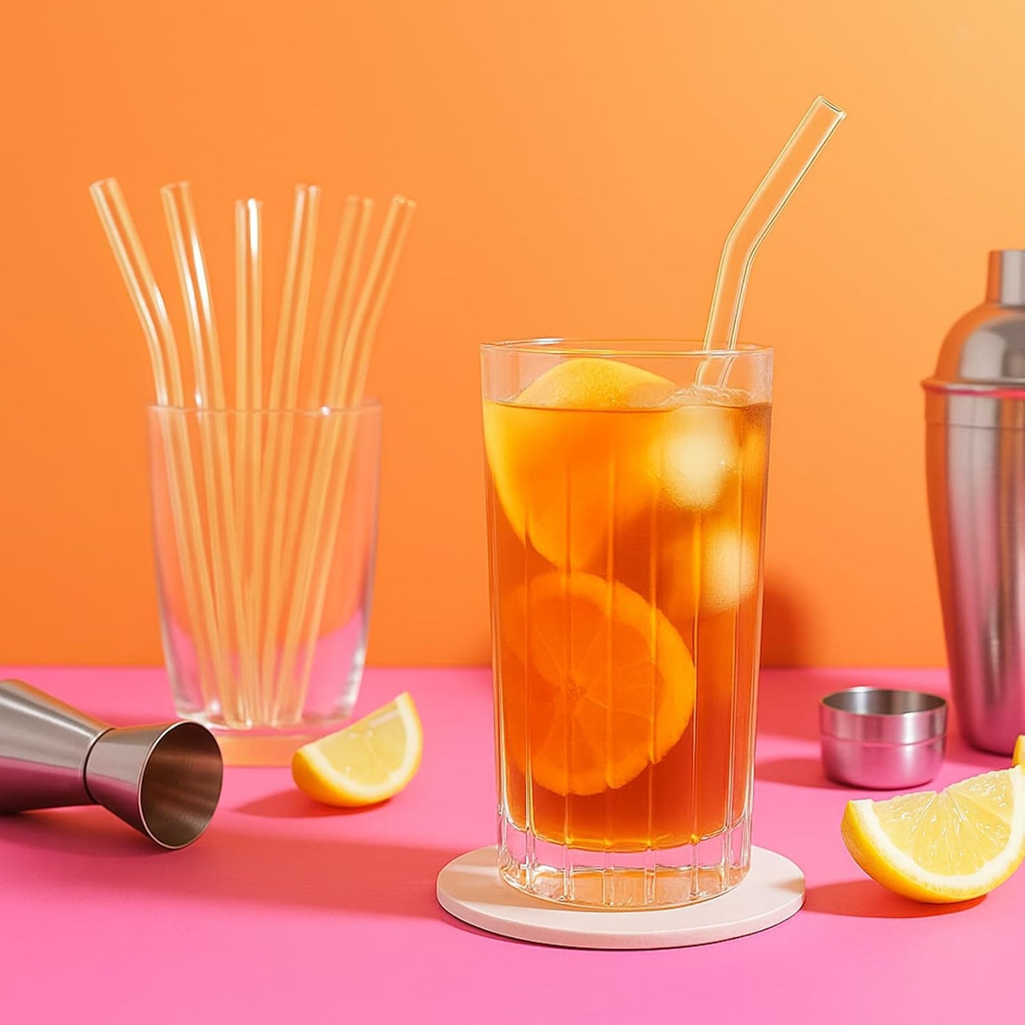 12 Pcs Reusable Glass Straws 8"x 8 mm Bent Glass Drinking Straws with Cleaning Brush for Tea, Smoothies, Milkshakes, Juices,Beverages.(yellow)