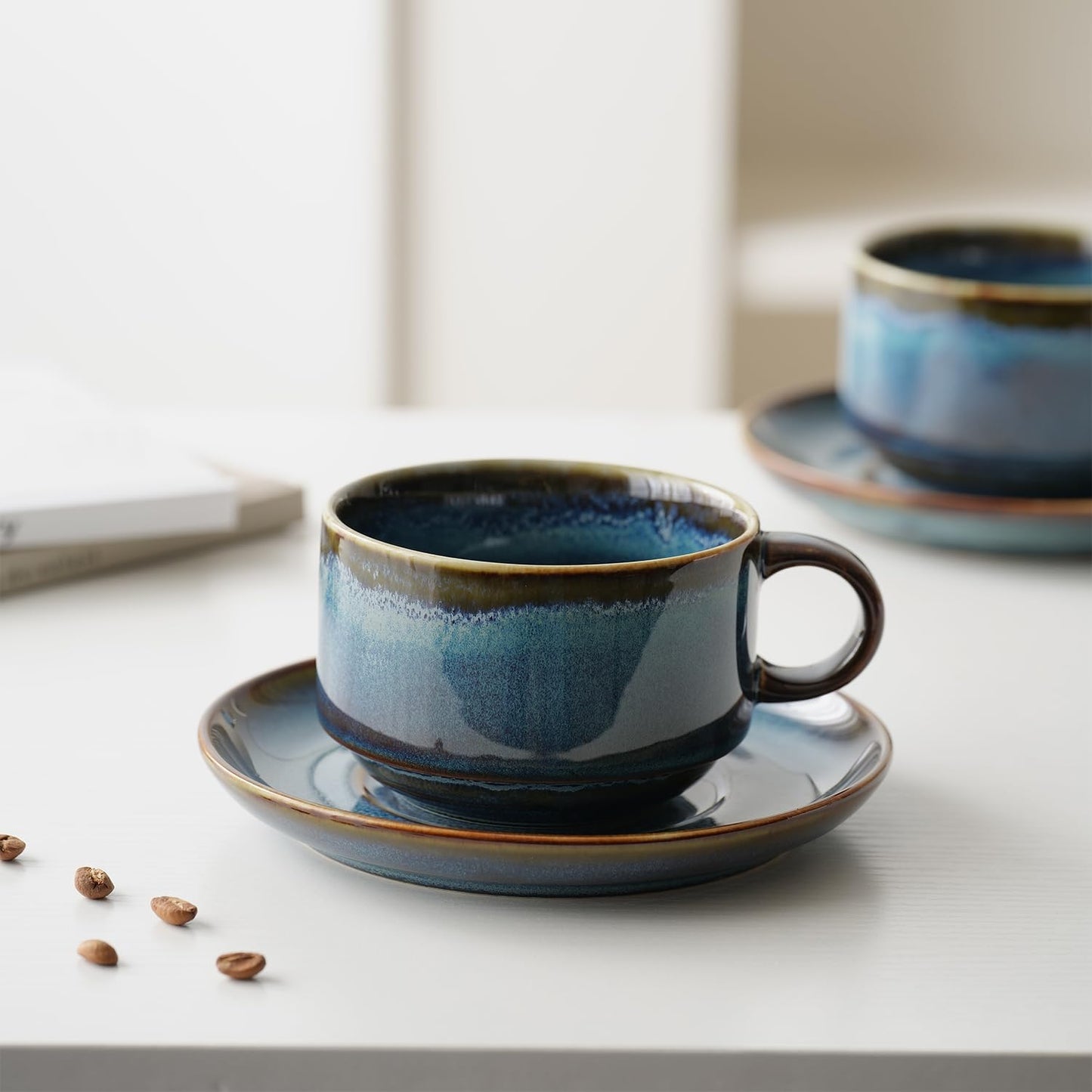 Ceramics 10oz Cappuccino Cups with Sacuer, Set of 2, Coffee Cup for Au Lait, Latte, Tea, Mocha-Set of 2, Dishwasher and Microwave, Reactive Blue