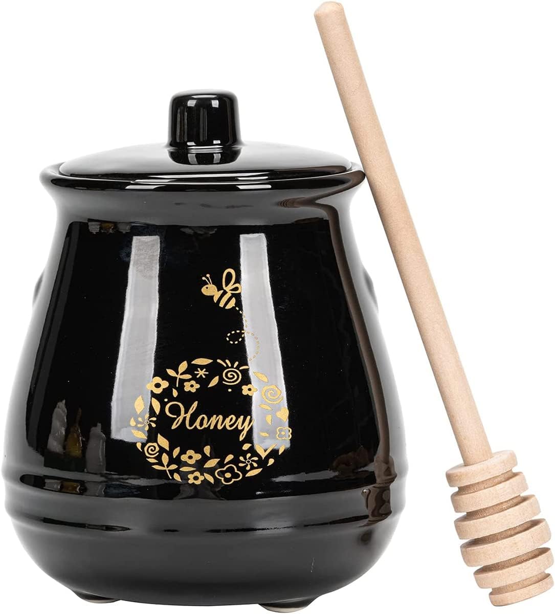 Ceramic Honey Jar with Wooden Honey Dipper-Honey Pot with Dipper- Honey Jar with Stand, Great Bee Decor- Farmhouse Kitchen Decor (Honey Jar-Black)