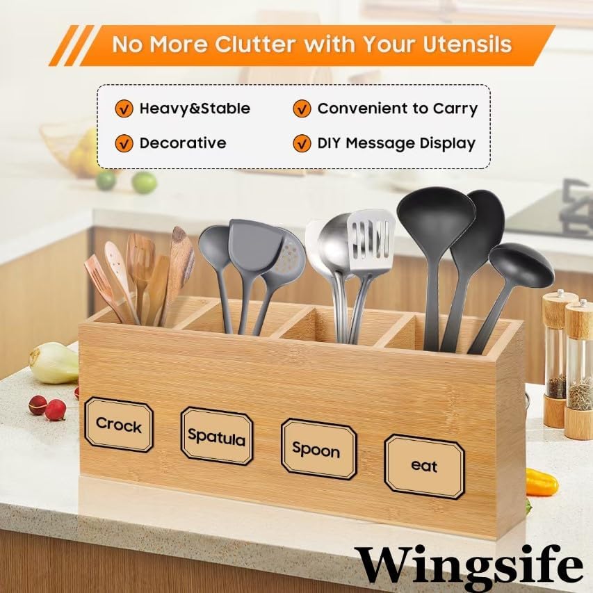 Wingsife Utensils Holder with 4 Compartments, Bamboo Utensil Organizer for Kitchen Countertop, Silverware Caddy Cutlery Holder for Flatware Fork Spoon Spatula, Cooking Utensil (Classic)