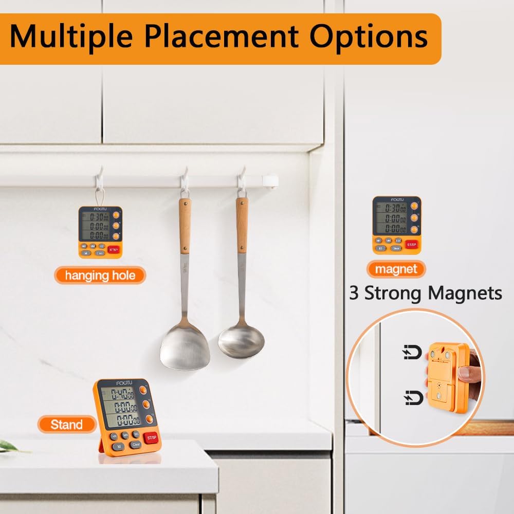 FCXJTU Digital Dual Triple Kitchen Timer, 3-Channel Magnetic Countdown Timer for Cooking, Large Display Stopwatch Multi Food Classroom Timer Loud Alarm for Seniors Teachers Battery Included (Orange)