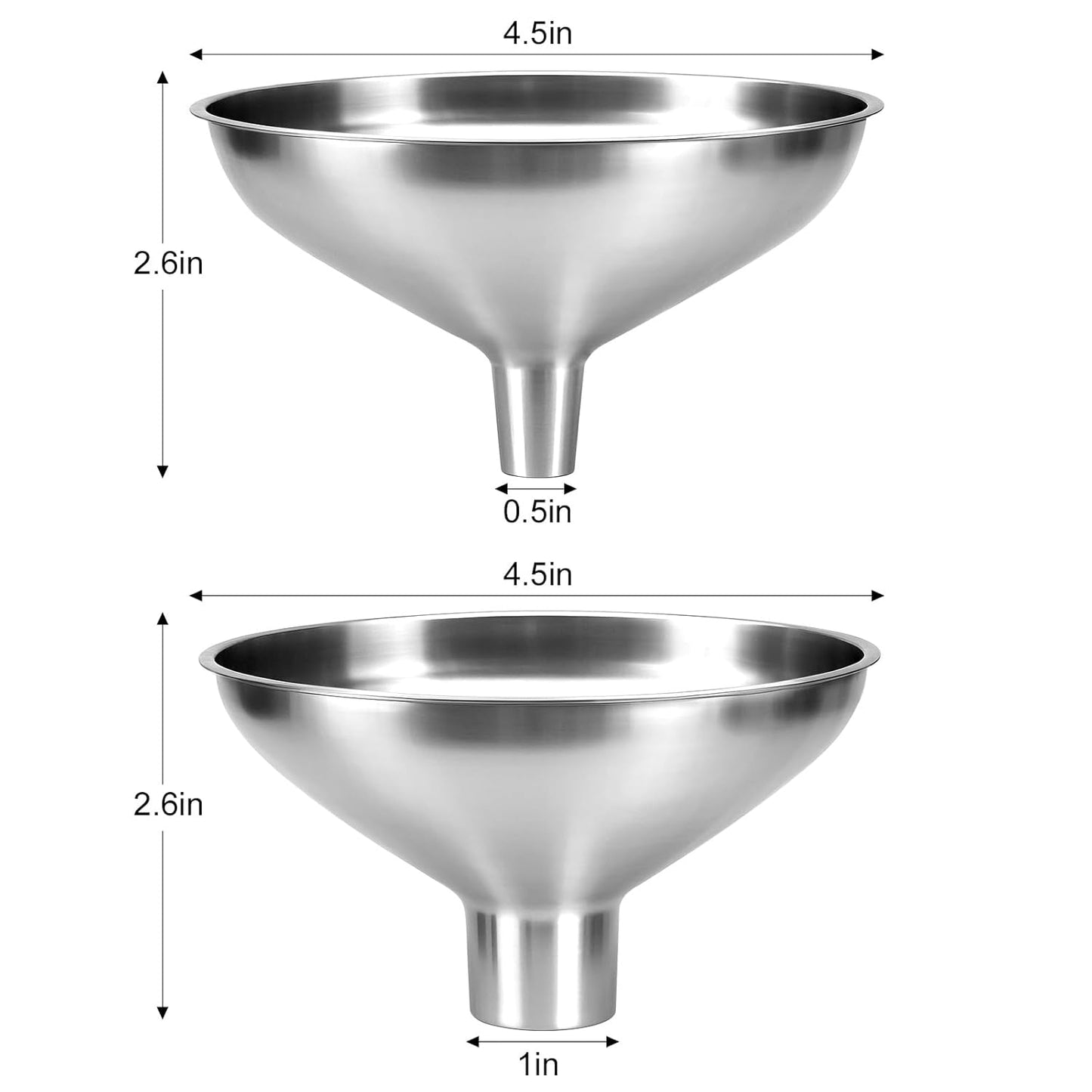 2 Pack Stainless Steel Kitchen Funnel Set for Filling Bottles - 2 Different Caliber Sizes, Seamless One-Piece Design for Transferring Oils Spices Powder Mixes (Easy to Clean)