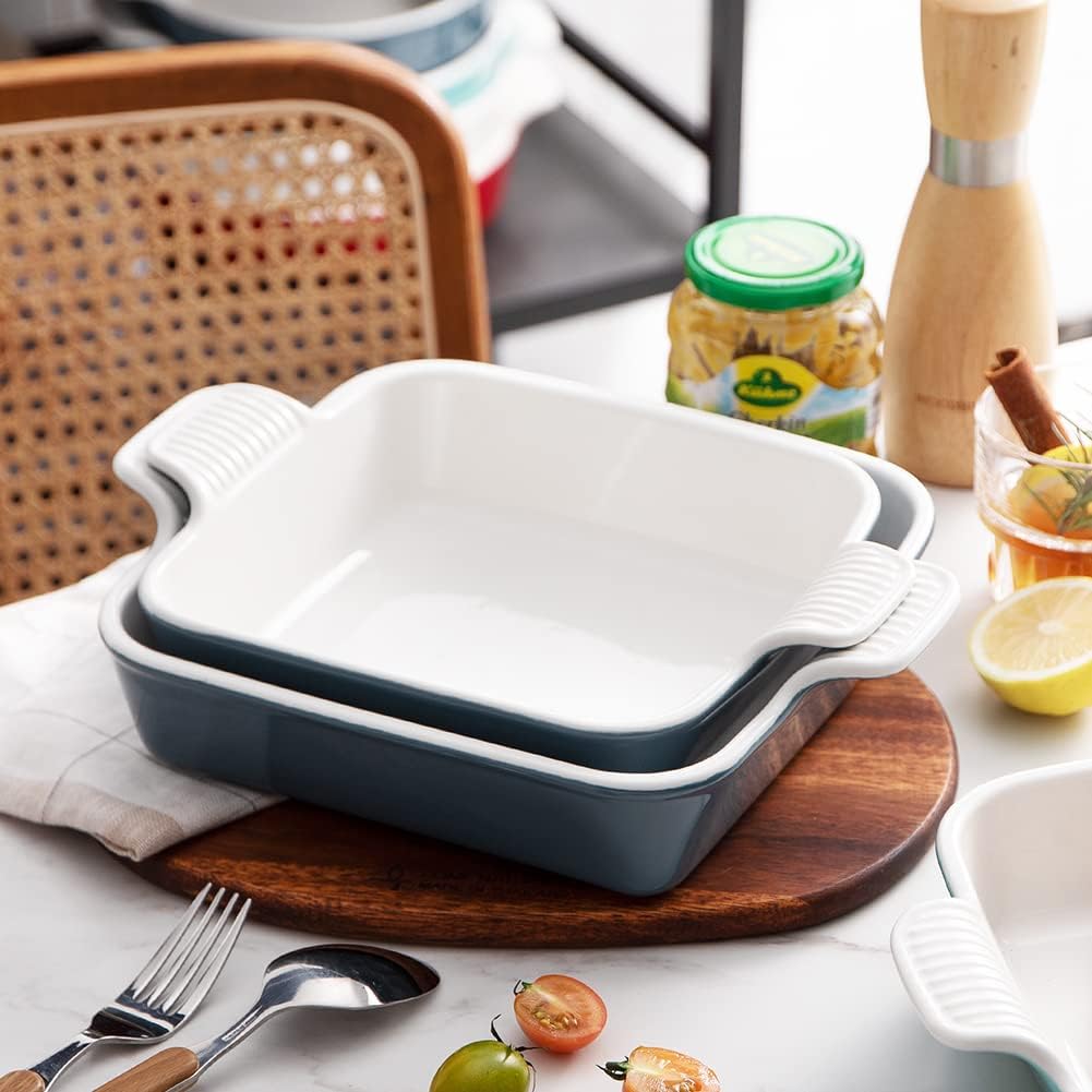 Sweejar Ceramic Baking Dish, 9 x 9 Cake Baking Pan for Brownie, Porcelain Square Bakeware with Double Handle for Casserole, Lasagna, Family Dinner (Fog Blue)